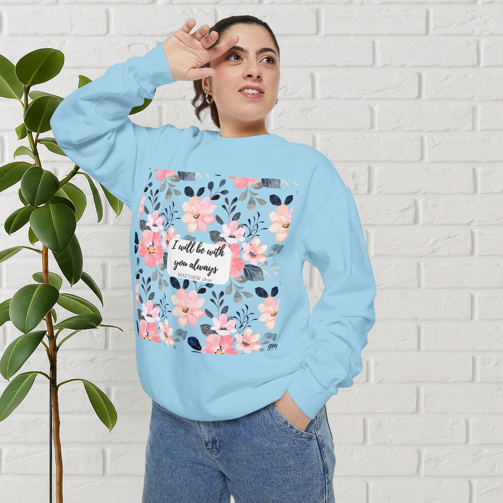 Faith in Bloom” Scripture Sweatshirt – Matthew 28:20 | Floral Christian Apparel