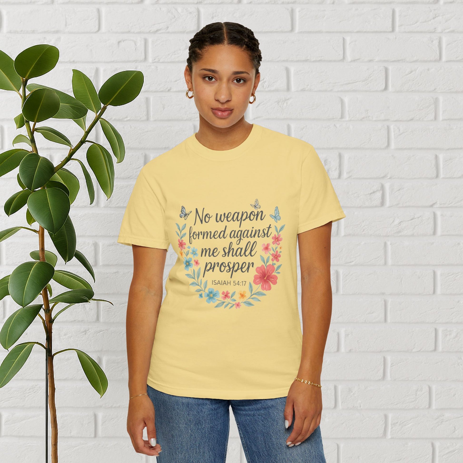 No Weapon Shall Prosper Tee – Isaiah 54:17 Floral Shield