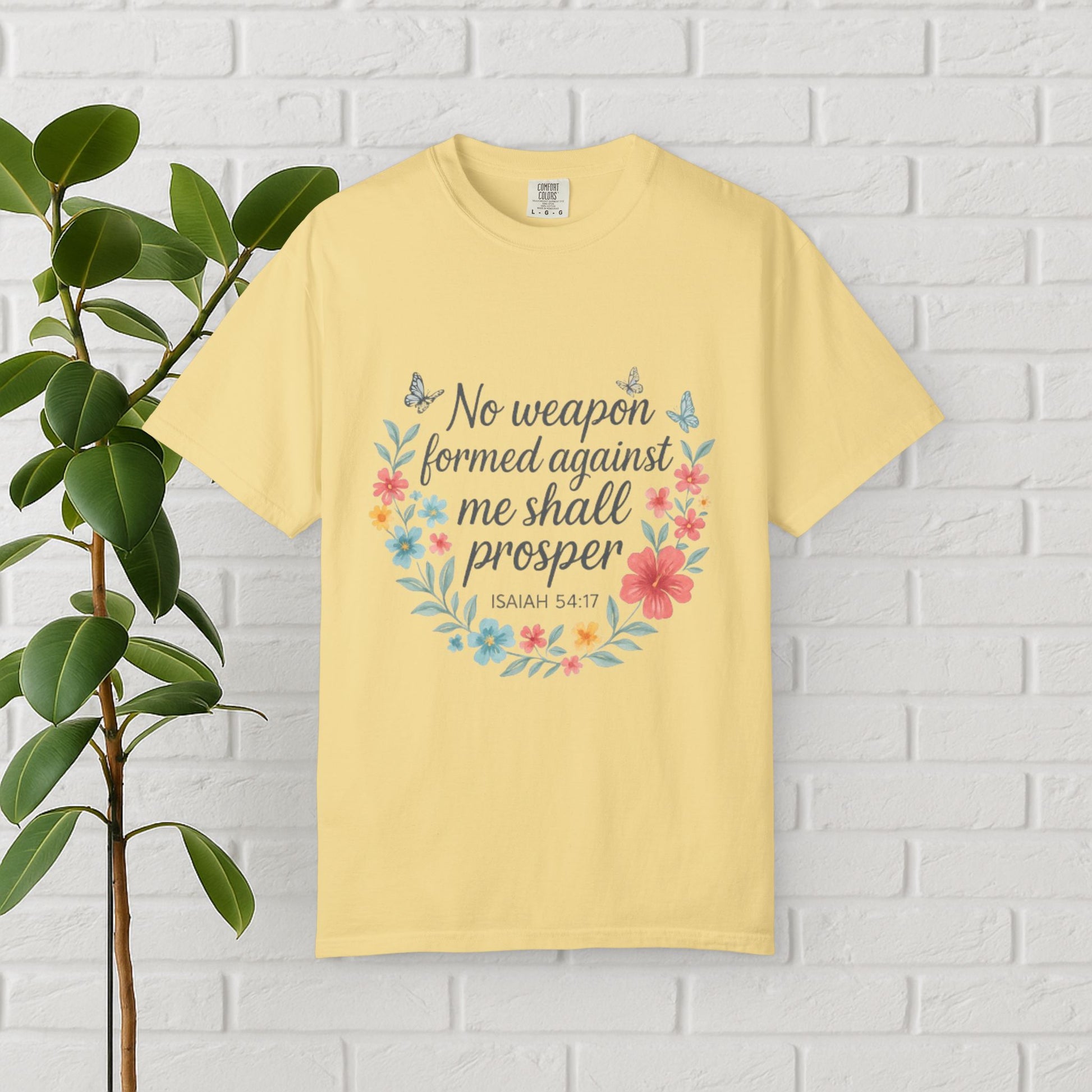 No Weapon Shall Prosper Tee – Isaiah 54:17 Floral Shield