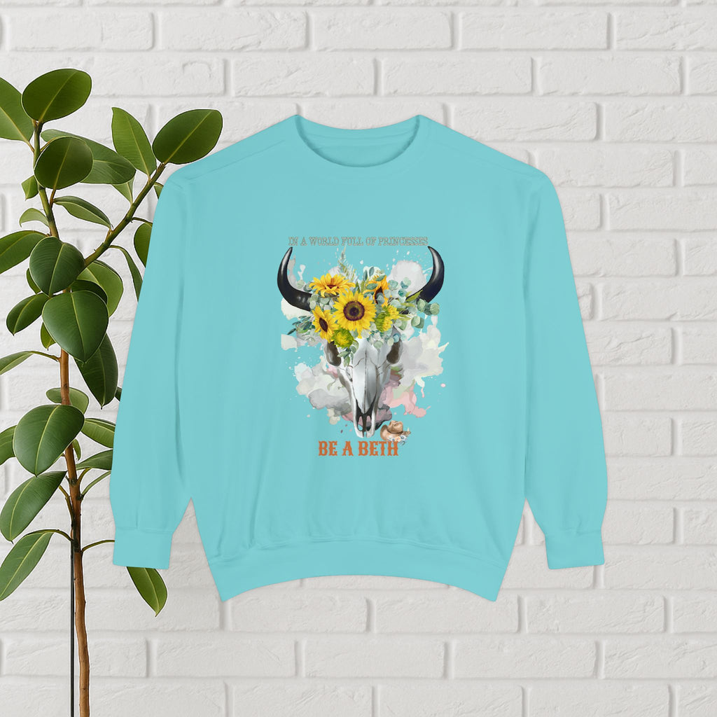 “Be a Beth” Cow Skull Sunflower Sweatshirt – Bold, Wild & Faithful