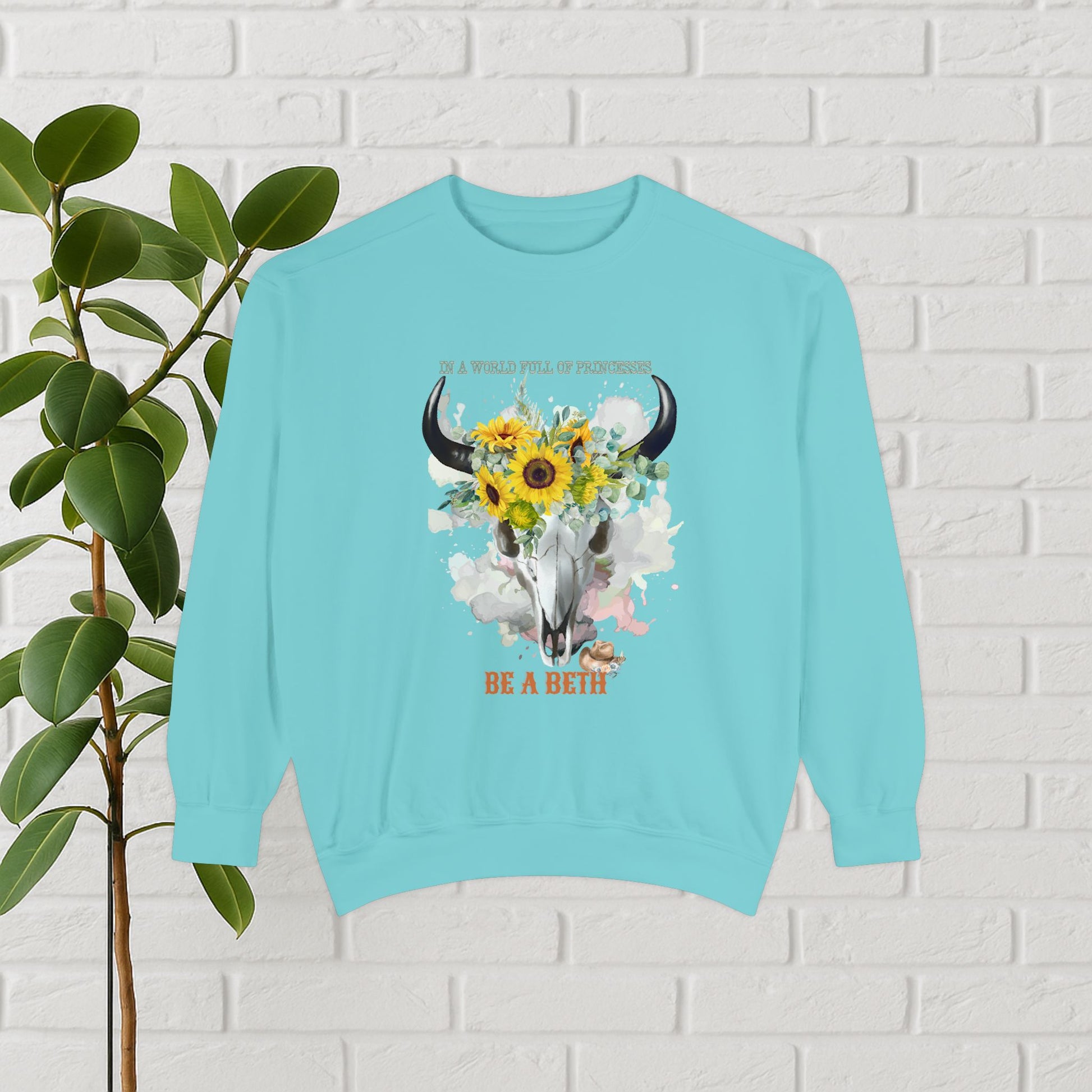 “Be a Beth” Cow Skull Sunflower Sweatshirt – Bold, Wild & Faithful