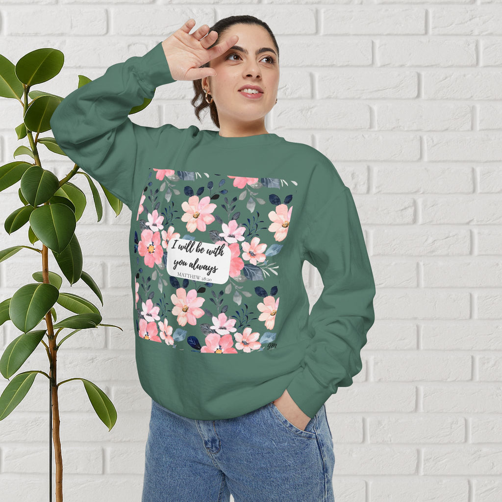 Faith in Bloom” Scripture Sweatshirt – Matthew 28:20 | Floral Christian Apparel