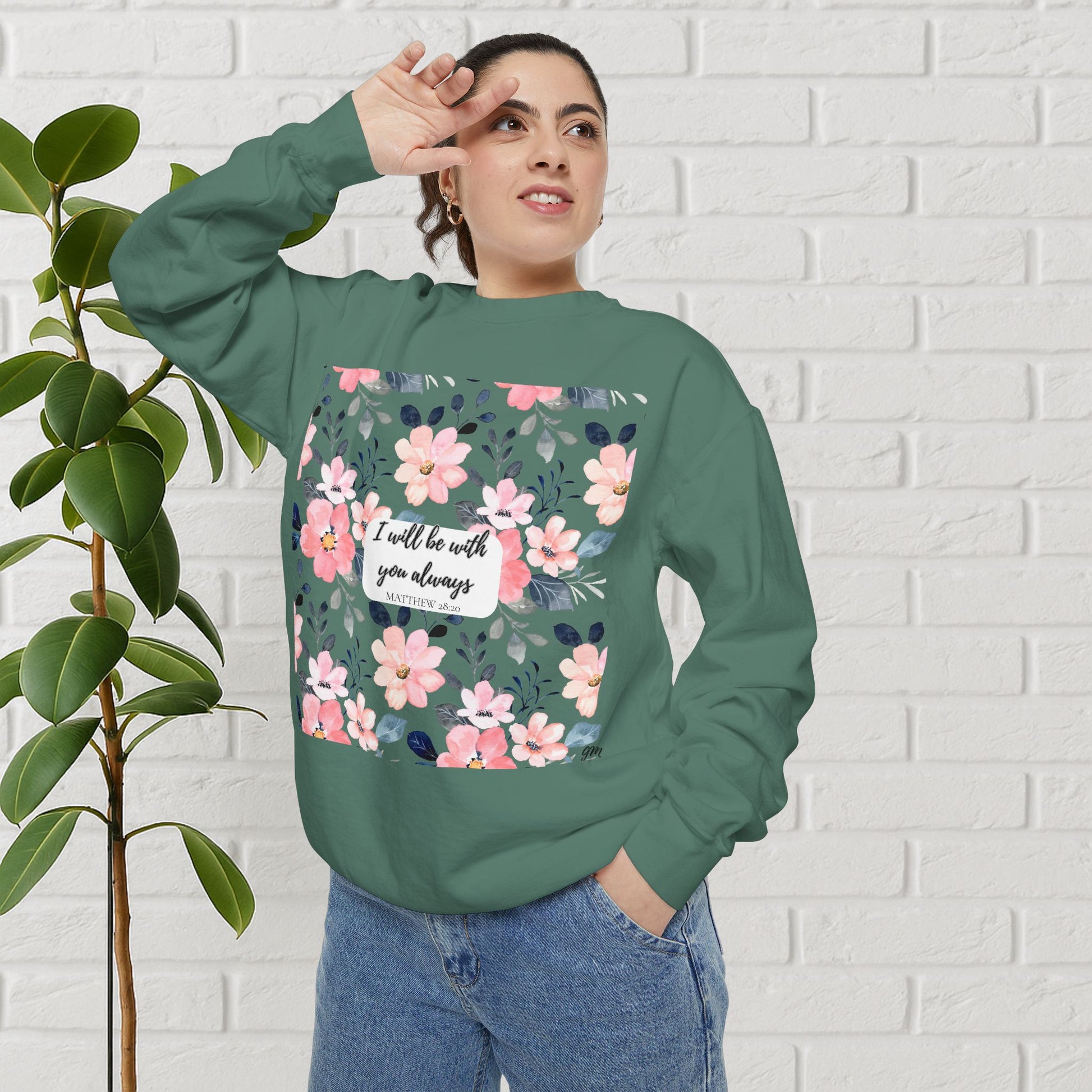 Faith in Bloom” Scripture Sweatshirt – Matthew 28:20 | Floral Christian Apparel
