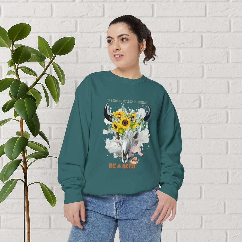 “Be a Beth” Cow Skull Sunflower Sweatshirt – Bold, Wild & Faithful