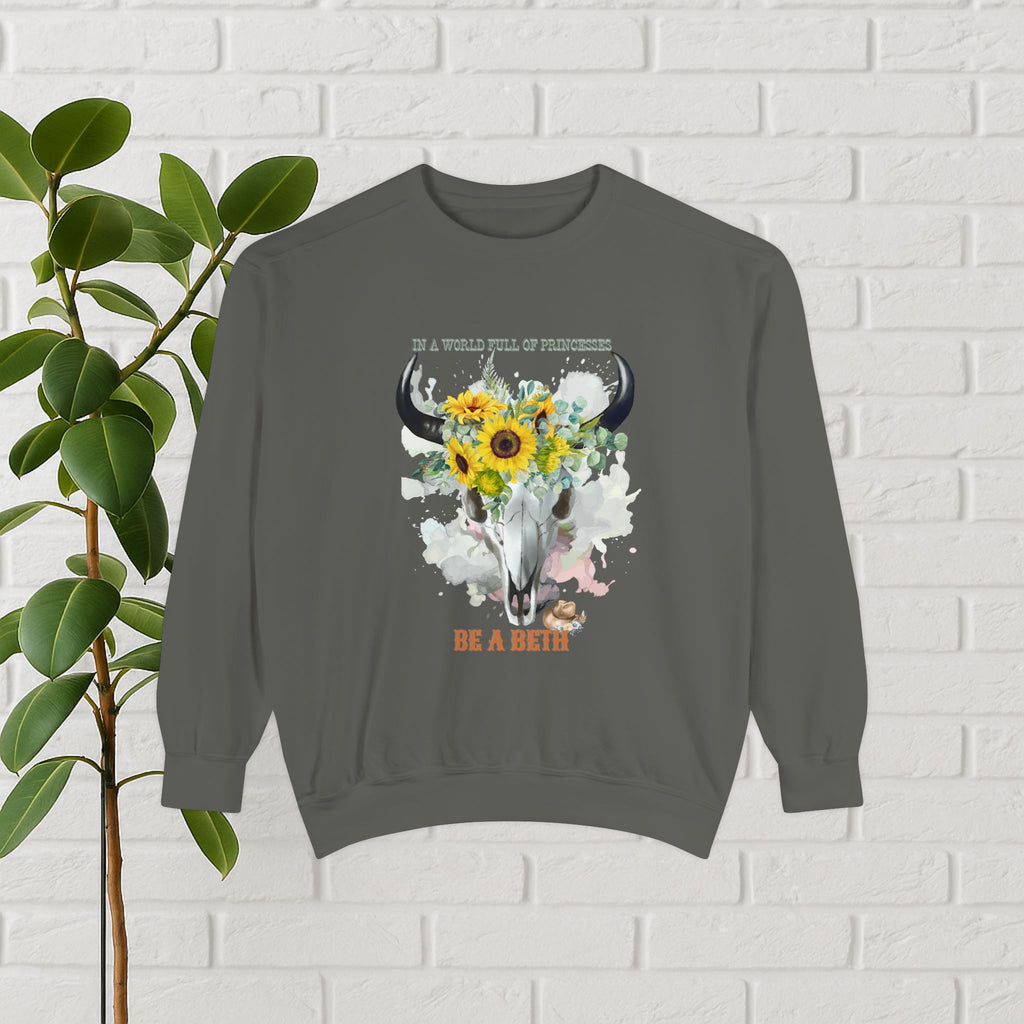 “Be a Beth” Cow Skull Sunflower Sweatshirt – Bold, Wild & Faithful