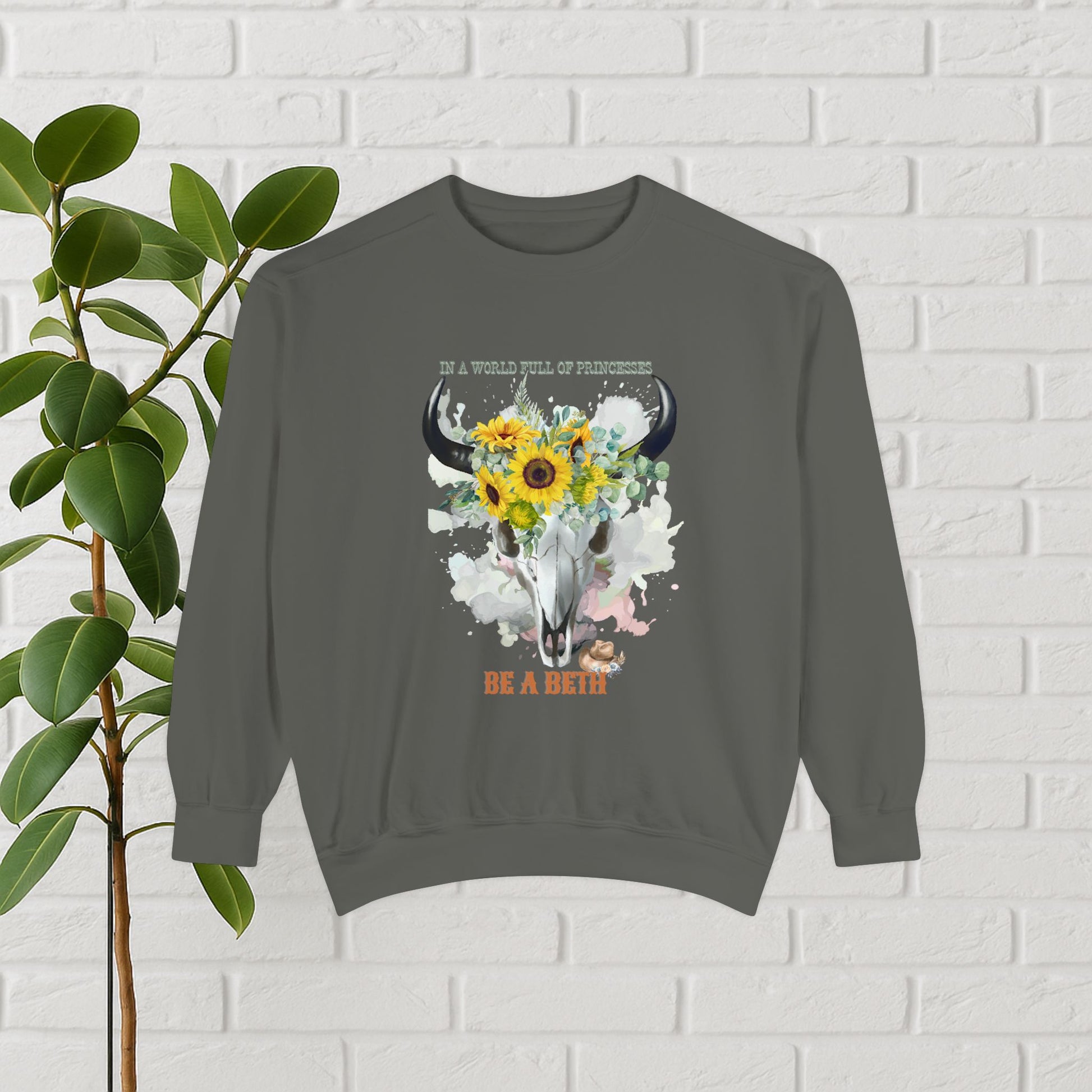 “Be a Beth” Cow Skull Sunflower Sweatshirt – Bold, Wild & Faithful