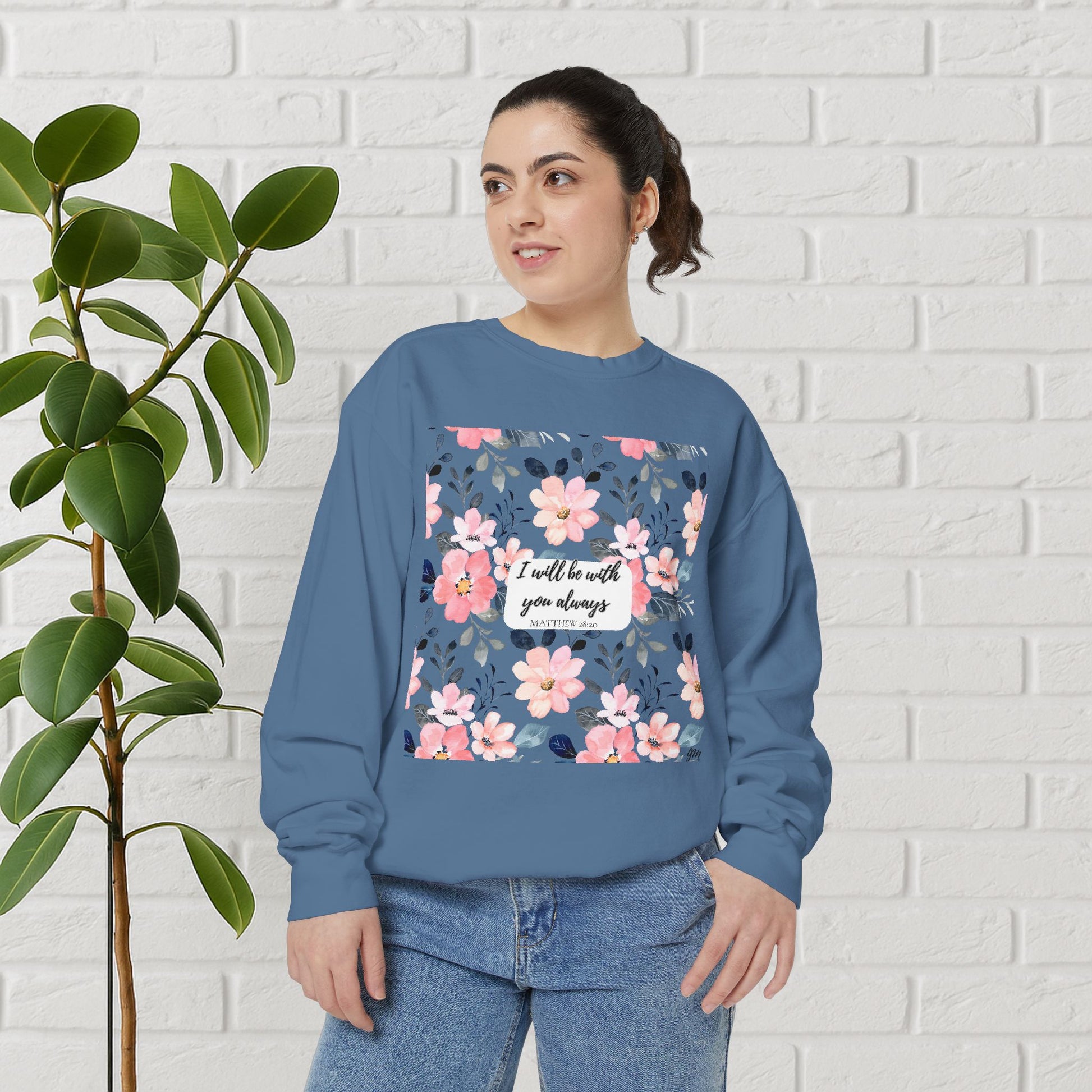 Faith in Bloom” Scripture Sweatshirt – Matthew 28:20 | Floral Christian Apparel