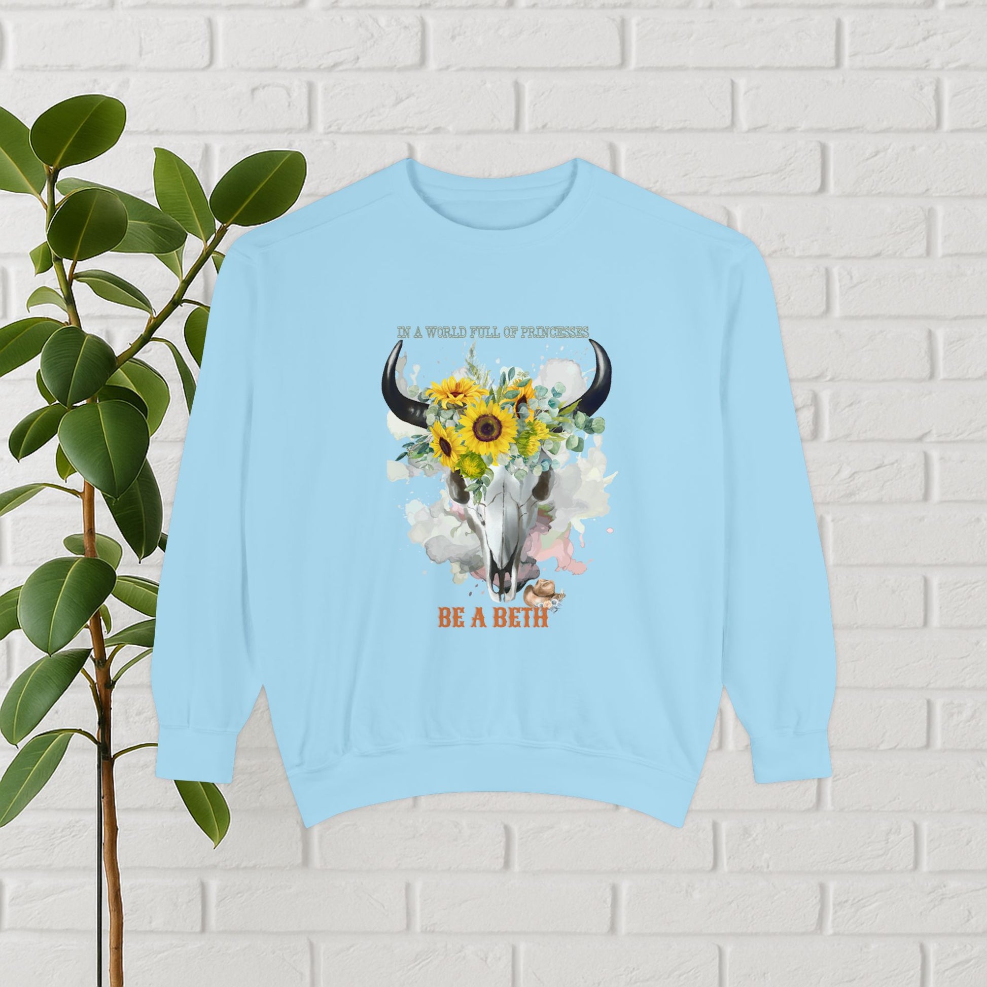 “Be a Beth” Cow Skull Sunflower Sweatshirt – Bold, Wild & Faithful