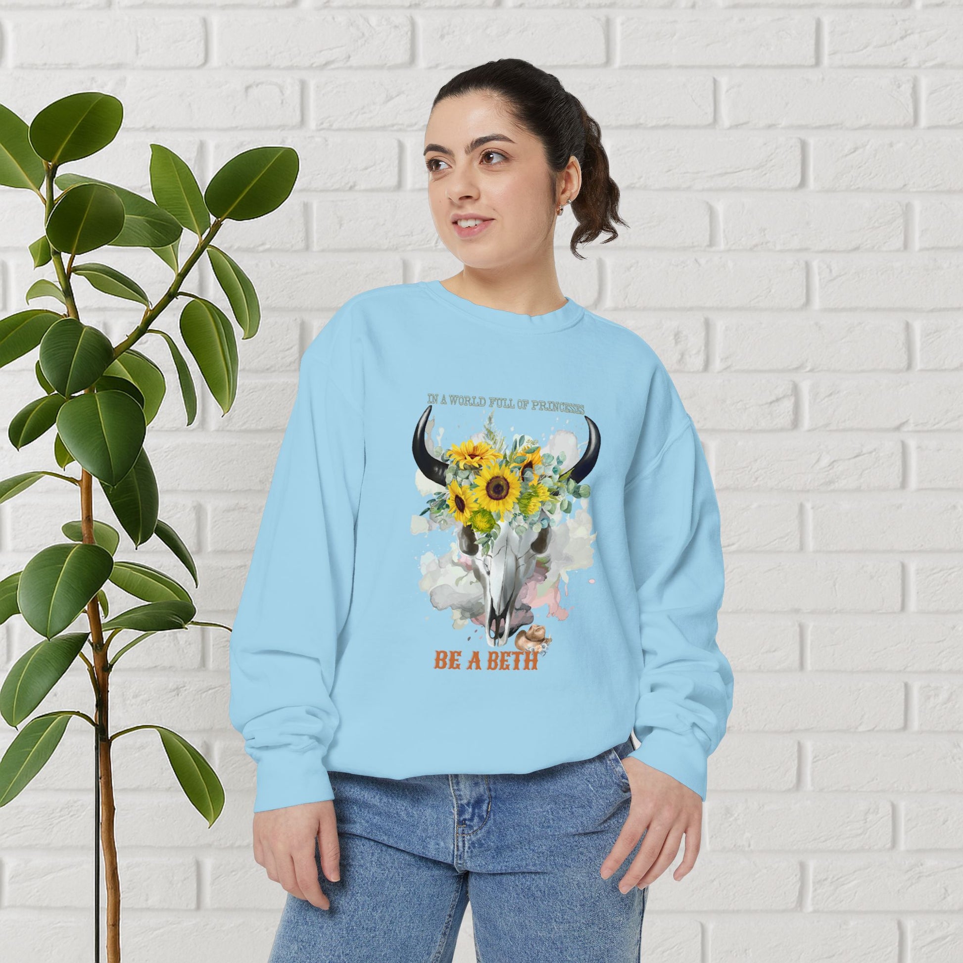 “Be a Beth” Cow Skull Sunflower Sweatshirt – Bold, Wild & Faithful