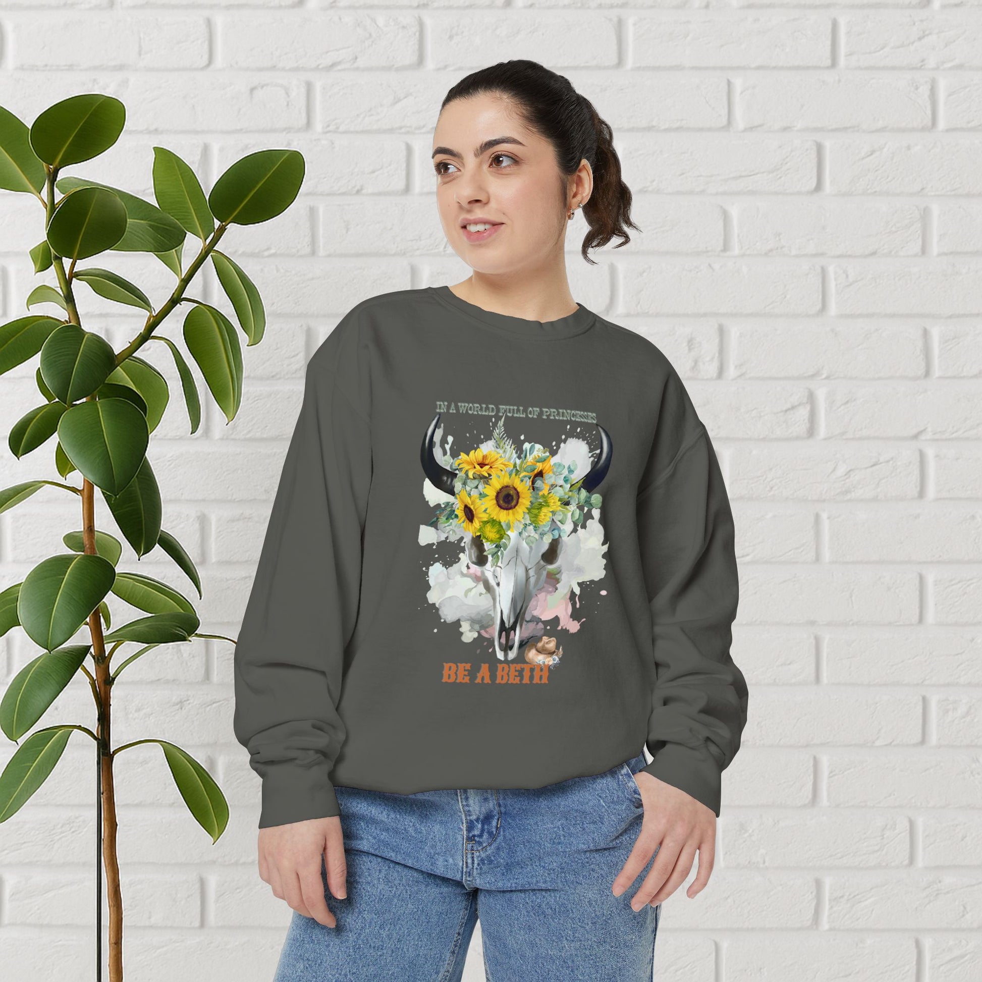 “Be a Beth” Cow Skull Sunflower Sweatshirt – Bold, Wild & Faithful