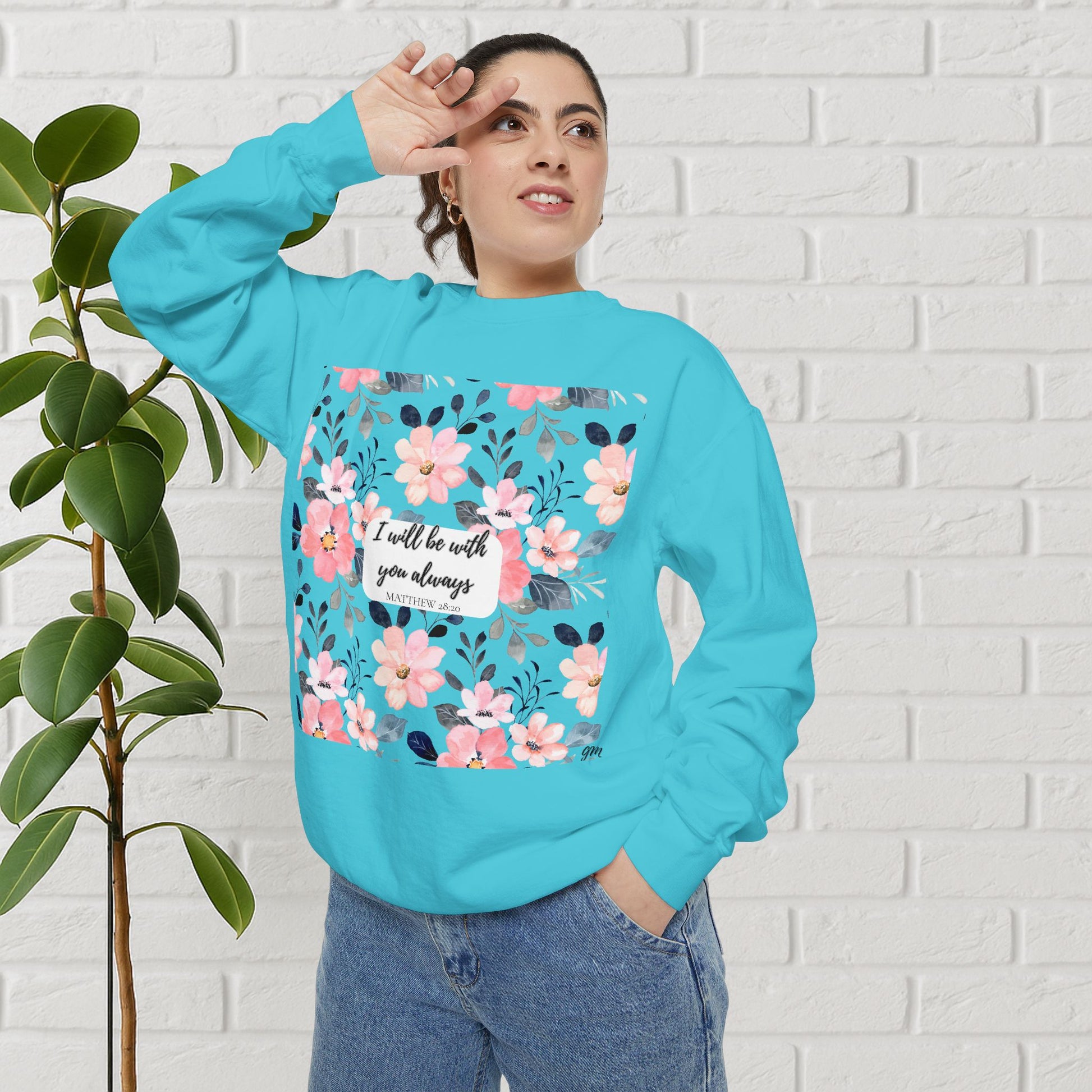 Faith in Bloom” Scripture Sweatshirt – Matthew 28:20 | Floral Christian Apparel