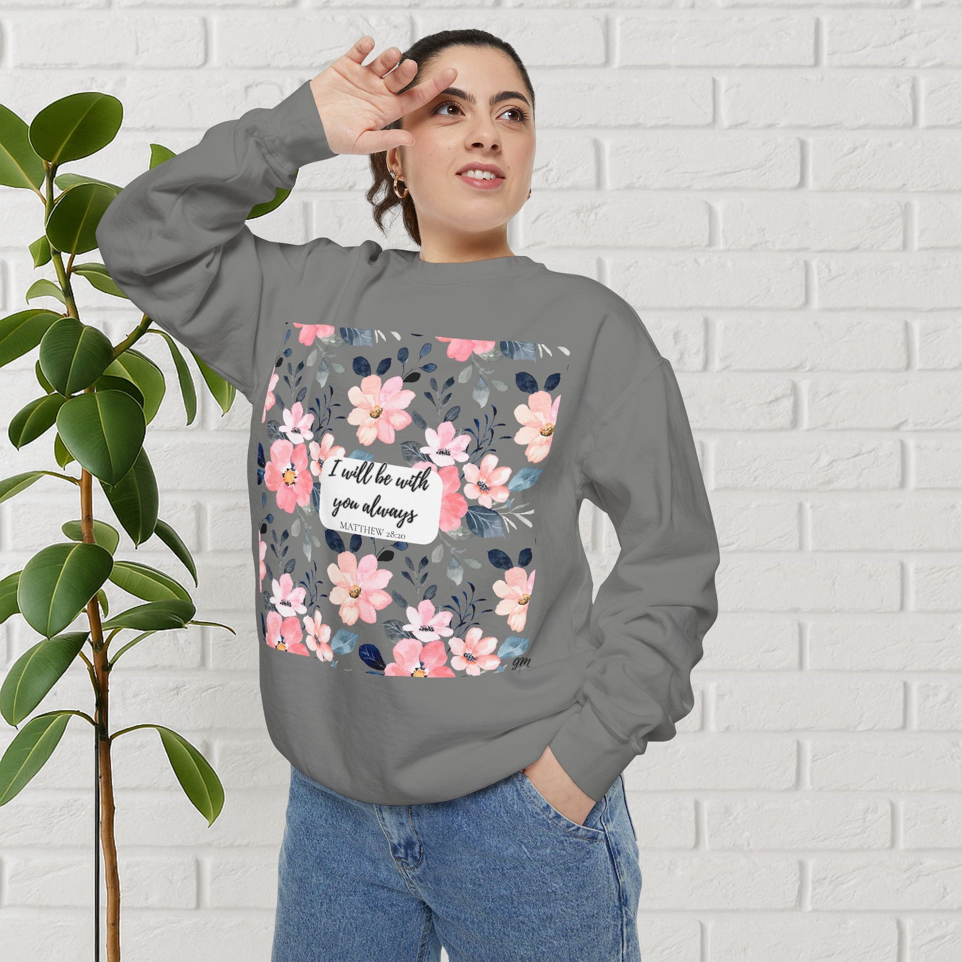 Faith in Bloom” Scripture Sweatshirt – Matthew 28:20 | Floral Christian Apparel