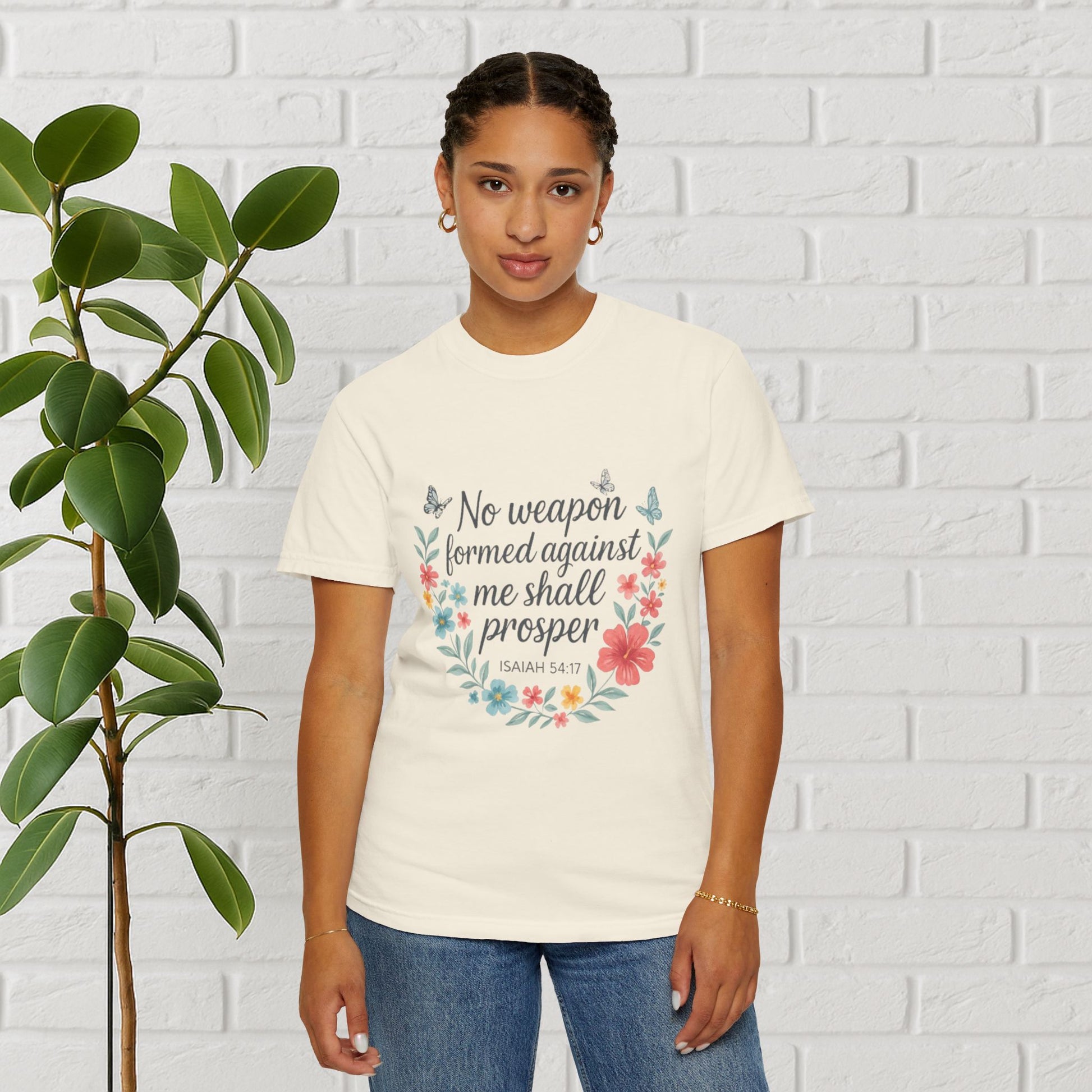 No Weapon Shall Prosper Tee – Isaiah 54:17 Floral Shield