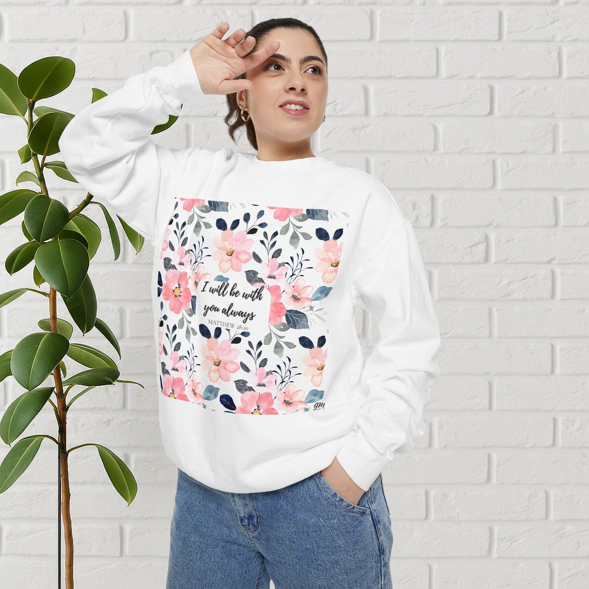 Faith in Bloom” Scripture Sweatshirt – Matthew 28:20 | Floral Christian Apparel