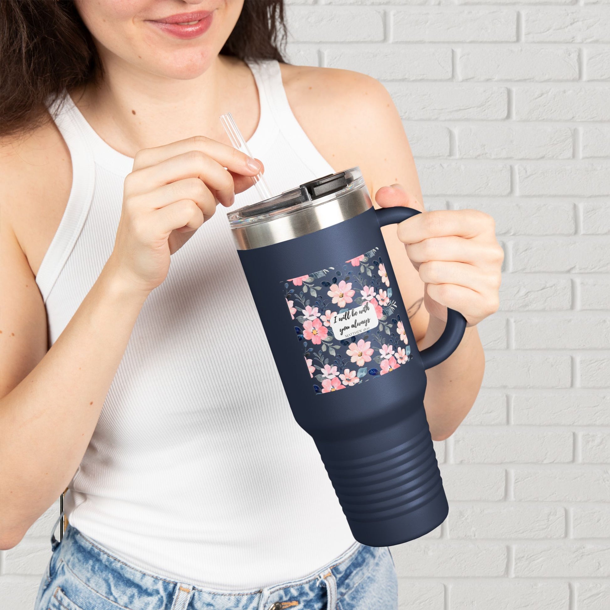 “Faith in Bloom” Floral Scripture Tumbler – Matthew 28:20