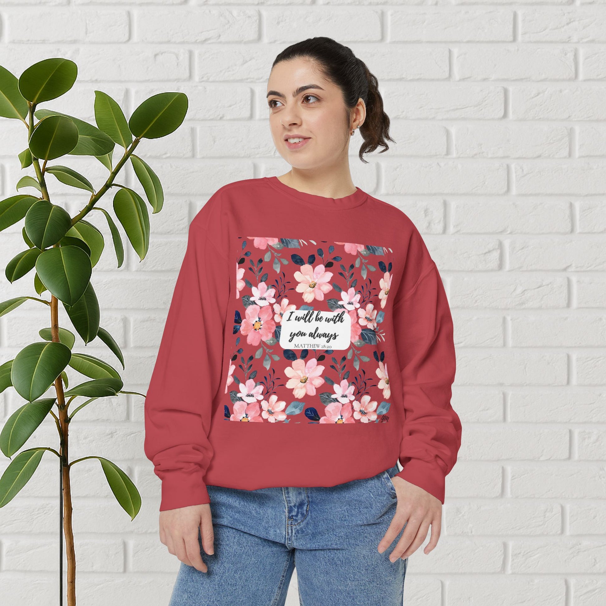 Faith in Bloom” Scripture Sweatshirt – Matthew 28:20 | Floral Christian Apparel