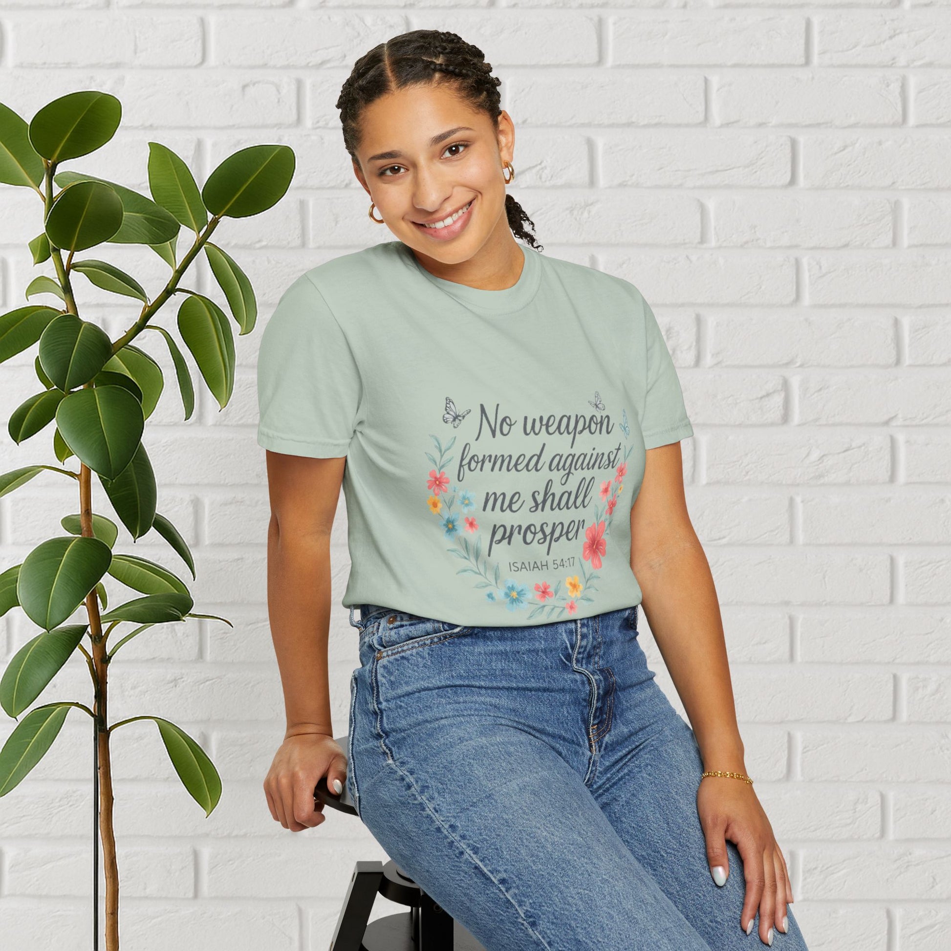 No Weapon Shall Prosper Tee – Isaiah 54:17 Floral Shield