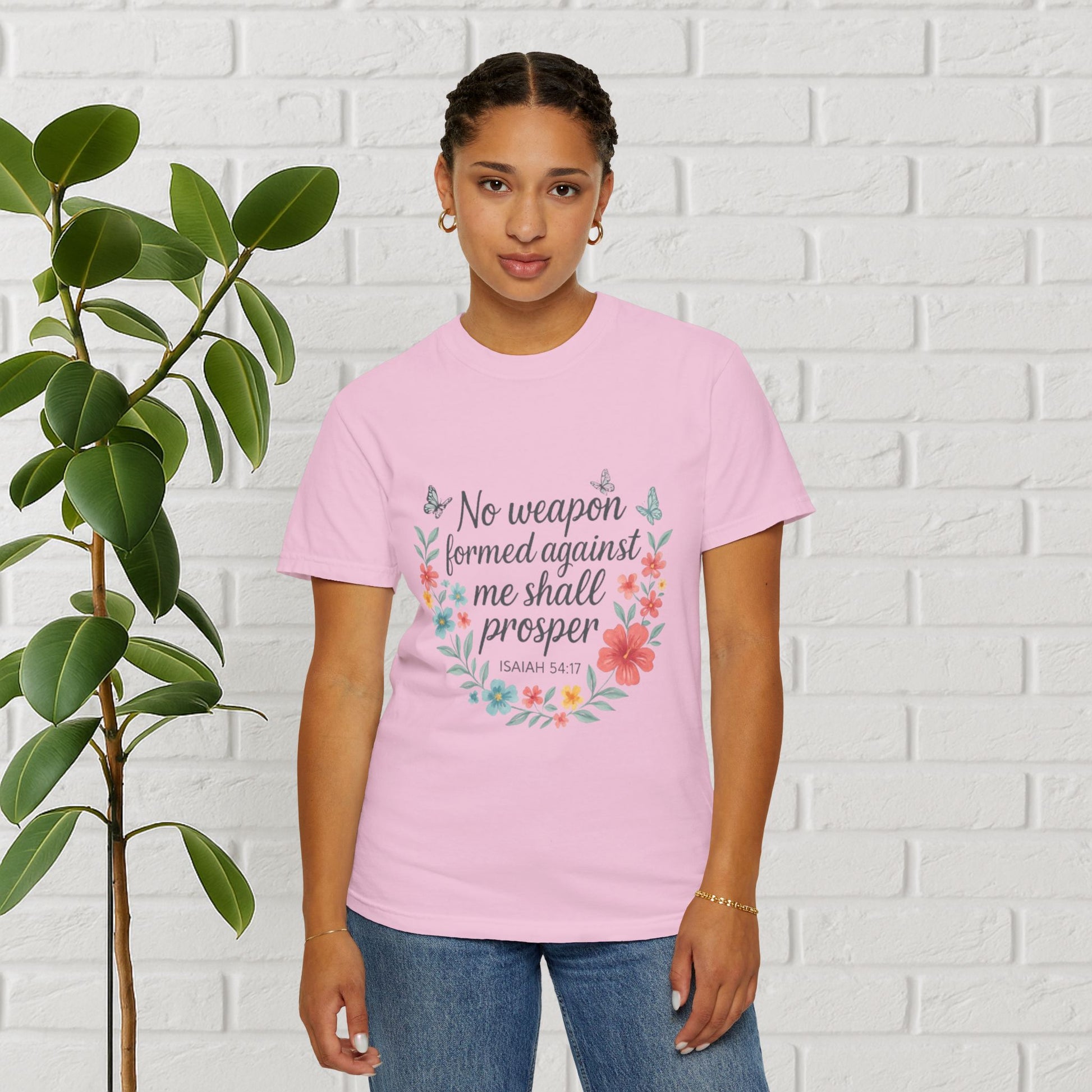 No Weapon Shall Prosper Tee – Isaiah 54:17 Floral Shield