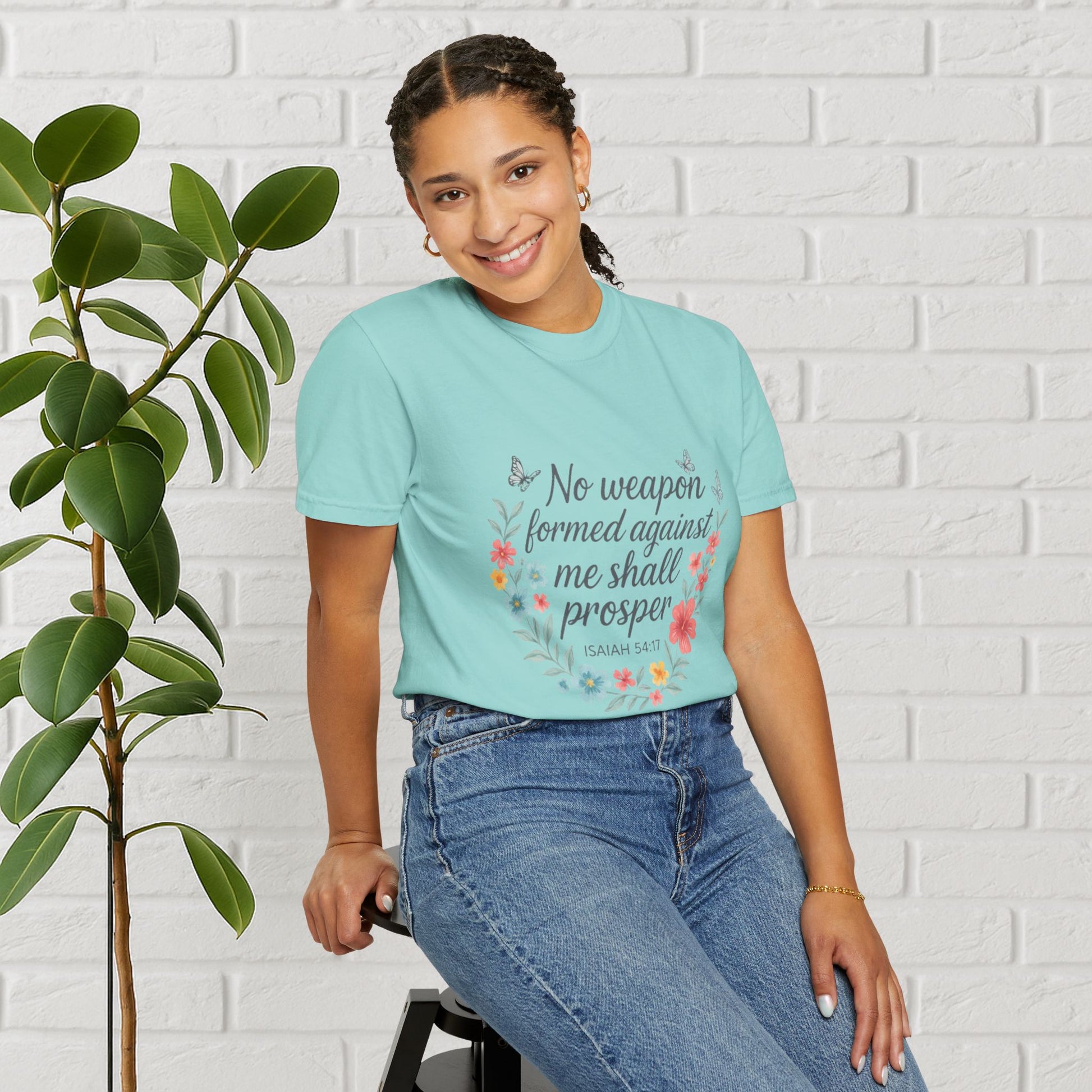 No Weapon Shall Prosper Tee – Isaiah 54:17 Floral Shield