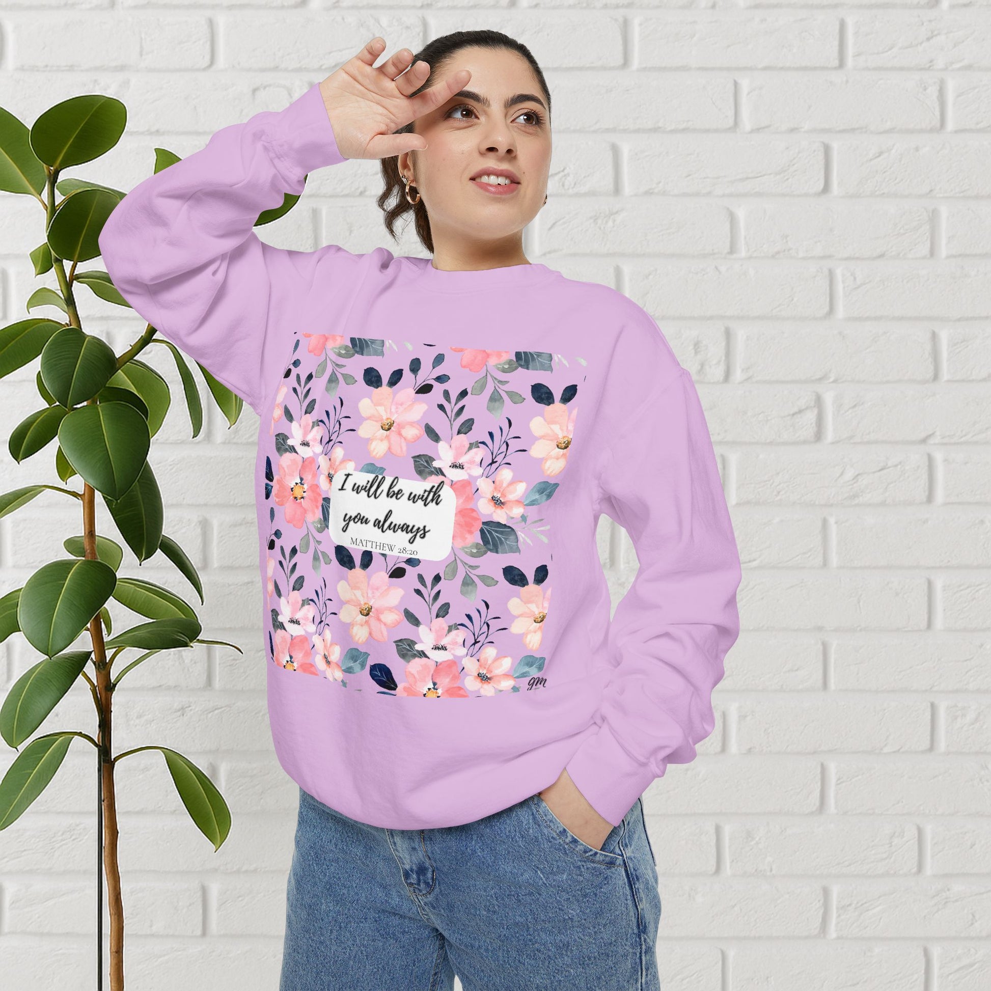 Faith in Bloom” Scripture Sweatshirt – Matthew 28:20 | Floral Christian Apparel