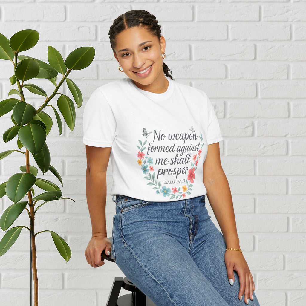 No Weapon Shall Prosper Tee – Isaiah 54:17 Floral Shield