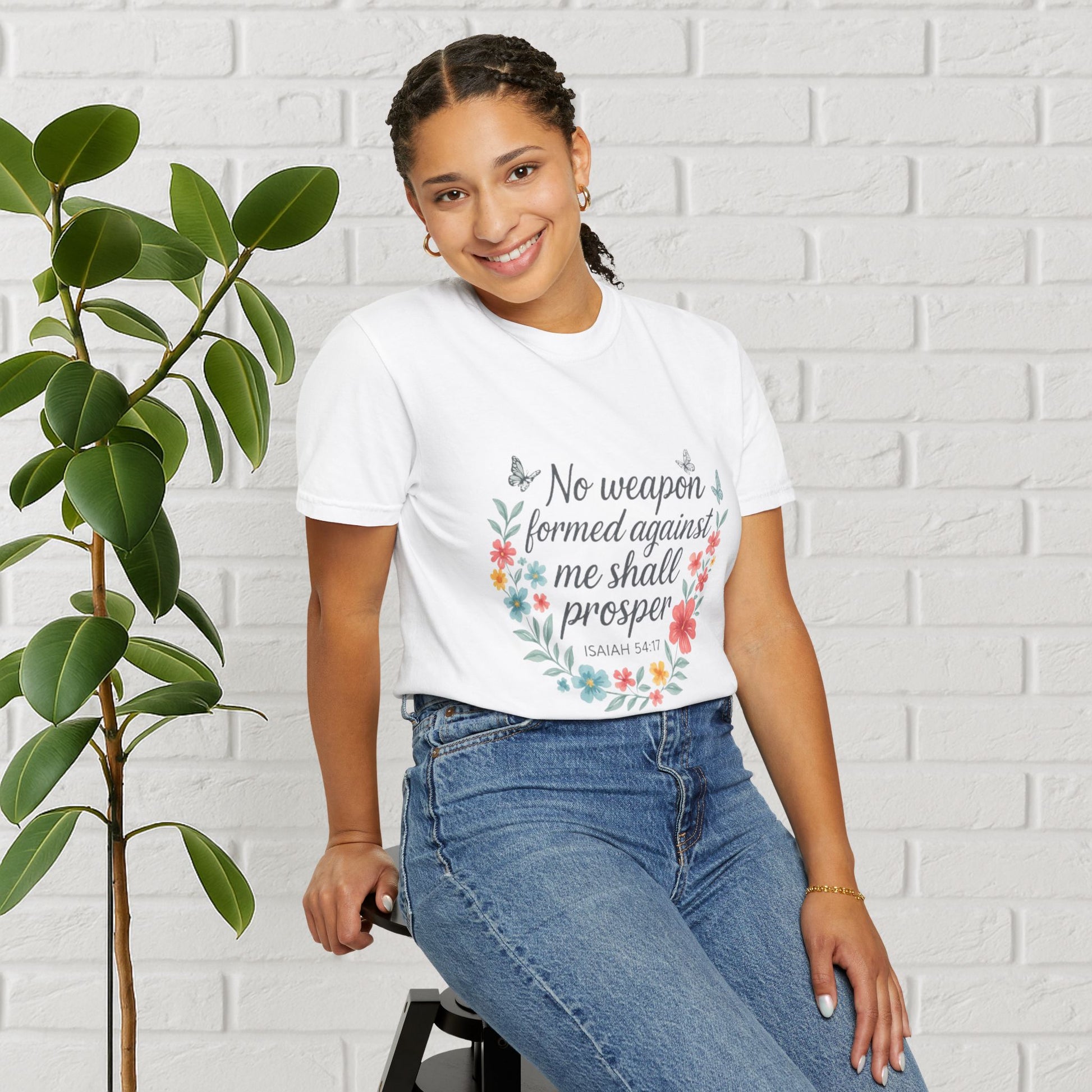 No Weapon Shall Prosper Tee – Isaiah 54:17 Floral Shield