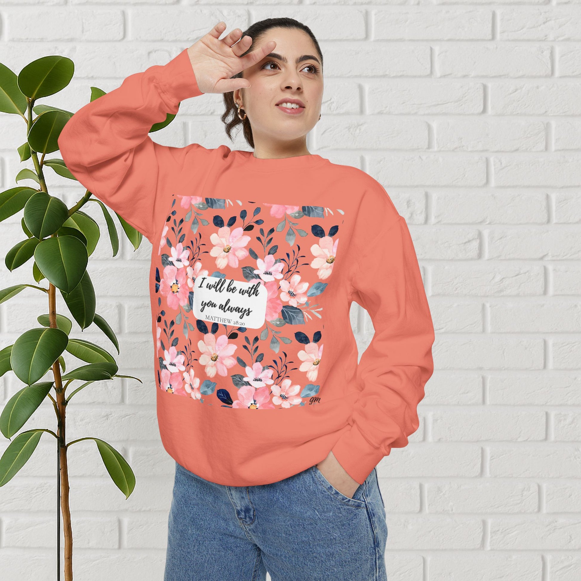 Faith in Bloom” Scripture Sweatshirt – Matthew 28:20 | Floral Christian Apparel