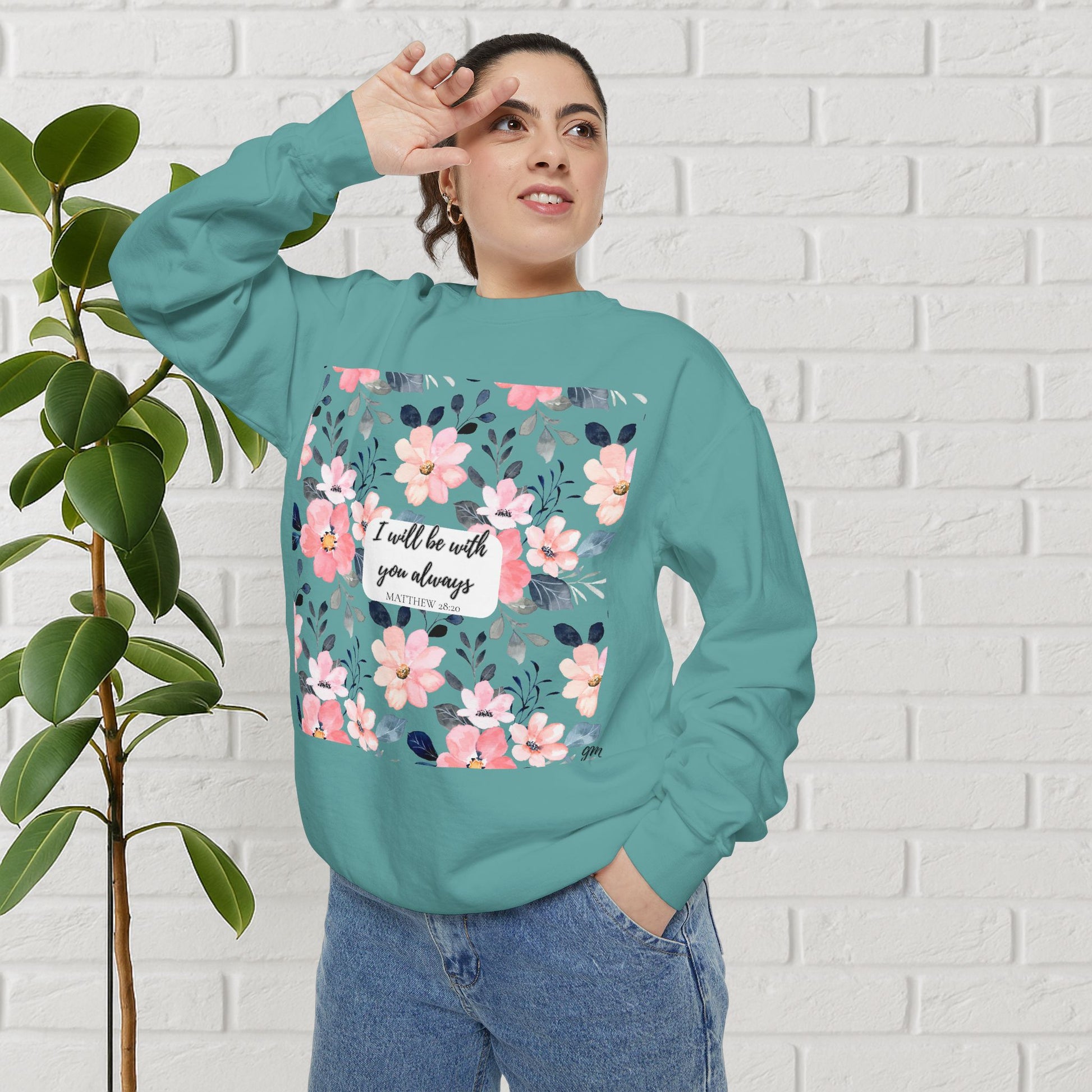 Faith in Bloom” Scripture Sweatshirt – Matthew 28:20 | Floral Christian Apparel