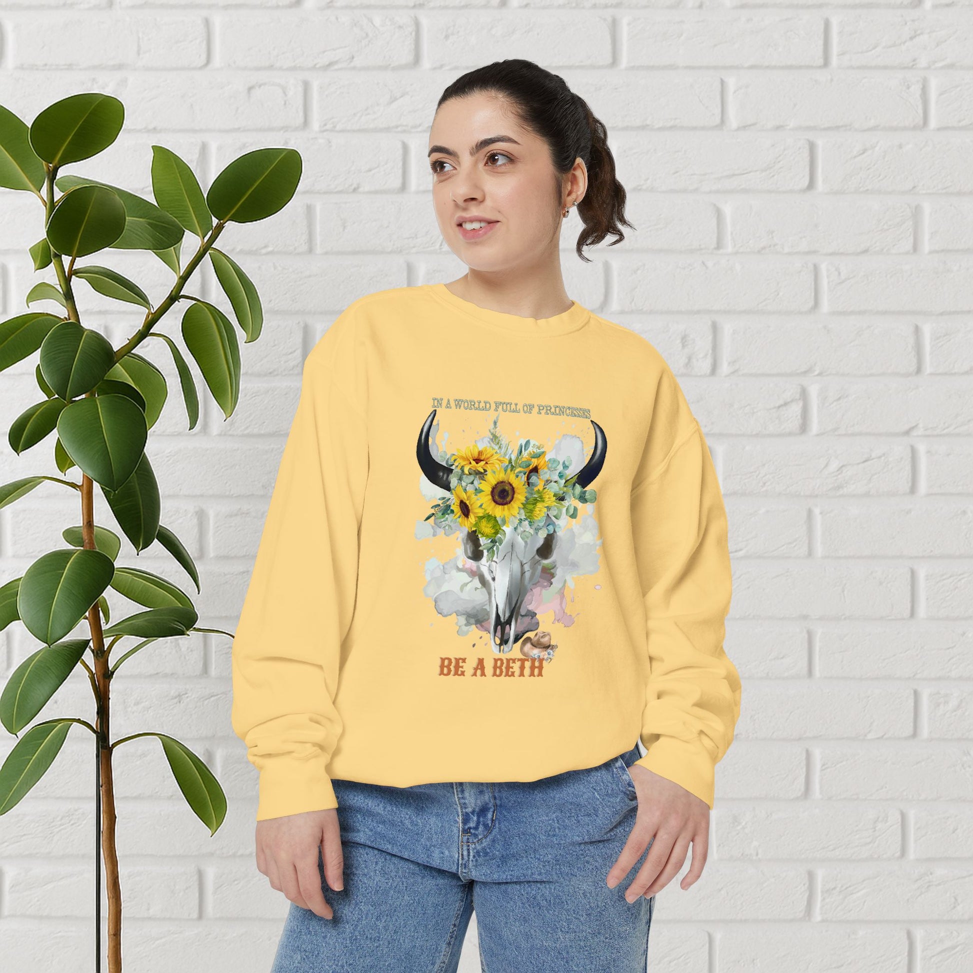 “Be a Beth” Cow Skull Sunflower Sweatshirt – Bold, Wild & Faithful