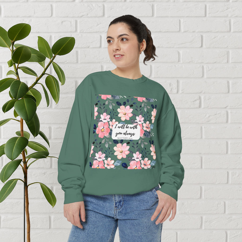 Faith in Bloom” Scripture Sweatshirt – Matthew 28:20 | Floral Christian Apparel