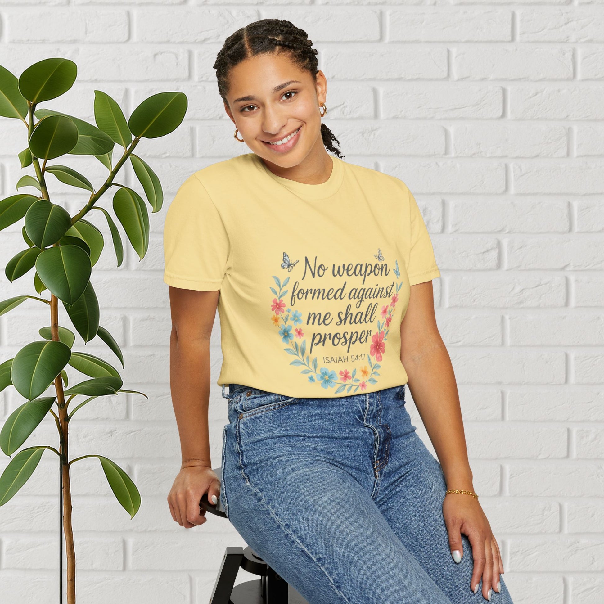 No Weapon Shall Prosper Tee – Isaiah 54:17 Floral Shield
