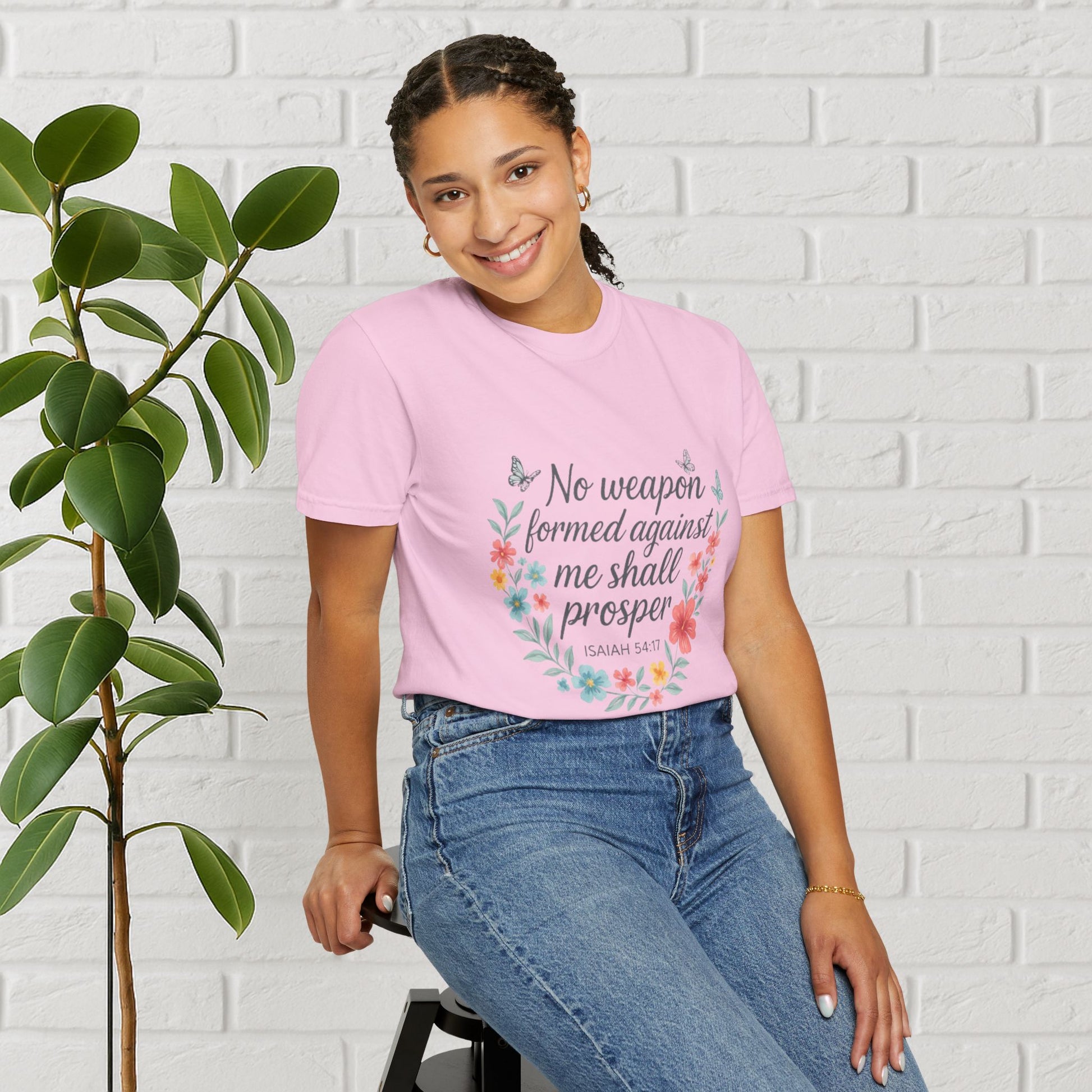 No Weapon Shall Prosper Tee – Isaiah 54:17 Floral Shield