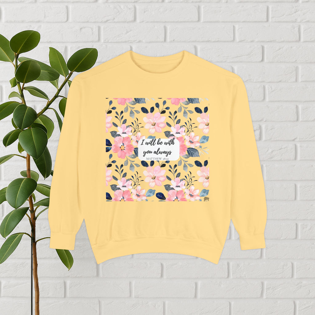Faith in Bloom” Scripture Sweatshirt – Matthew 28:20 | Floral Christian Apparel
