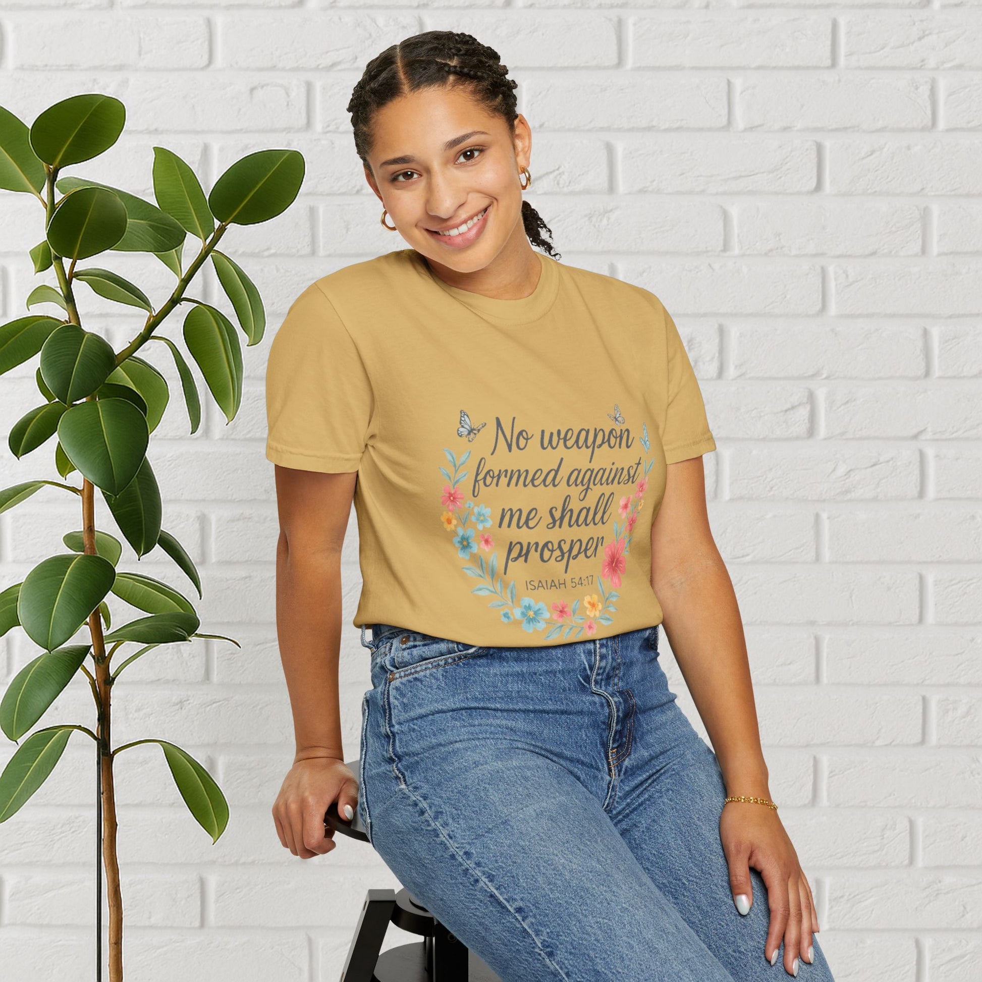No Weapon Shall Prosper Tee – Isaiah 54:17 Floral Shield