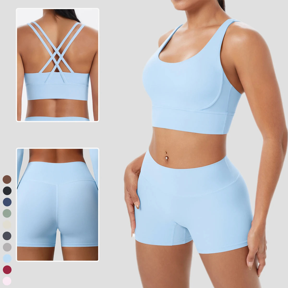 2-Piece Yoga & Fitness Set – Shock-Absorbing Sports Bra + High-Waist Gym Shorts