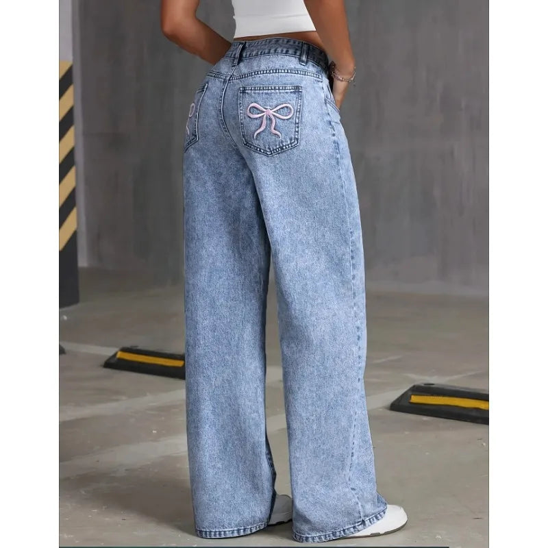 Gracefully Playful Bow-Back Wide Leg Jeans – Blue