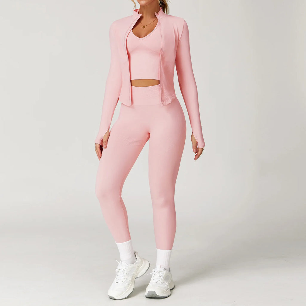 Glow & Go Seamless Women’s 2/3-Piece Gym Set – Long Sleeve Top, Sports Bra & High-Waist Leggings – Different Colors