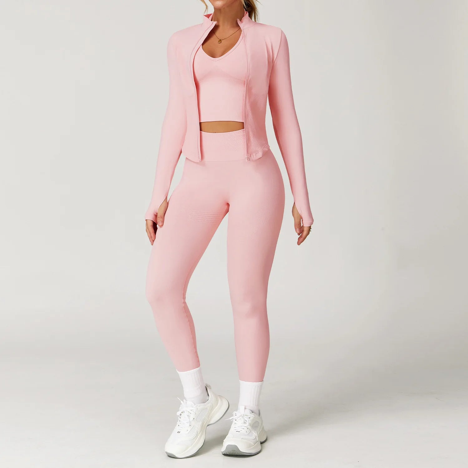 Glow & Go Seamless Women’s 2/3-Piece Gym Set – Long Sleeve Top, Sports Bra & High-Waist Leggings – Different Colors