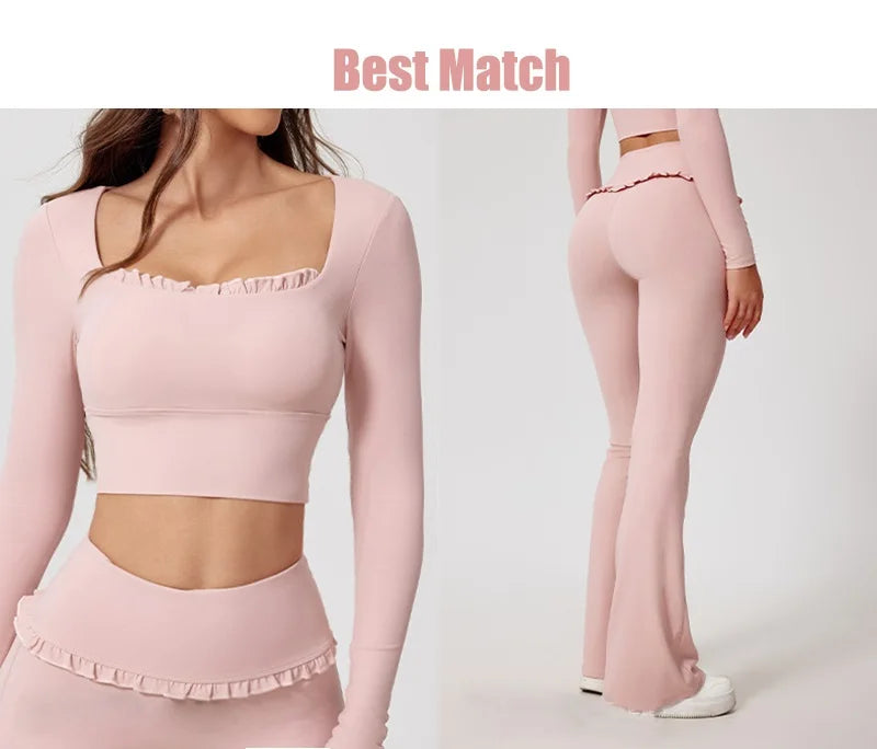 Women’s Long Sleeve Yoga & Pilates Top – Pink Fitness Shirt with Ruffle Detail