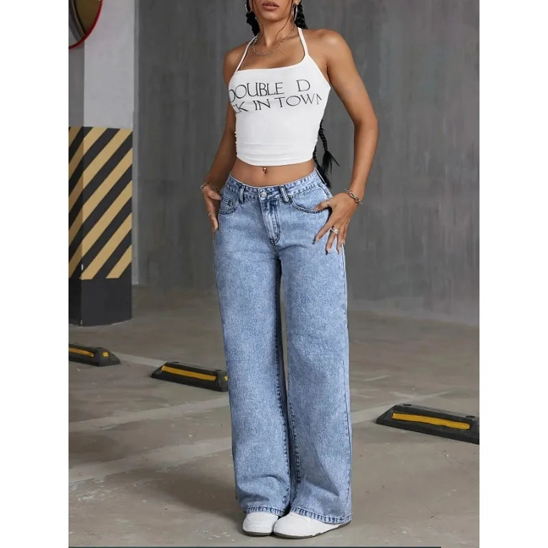 Gracefully Playful Bow-Back Wide Leg Jeans – Blue