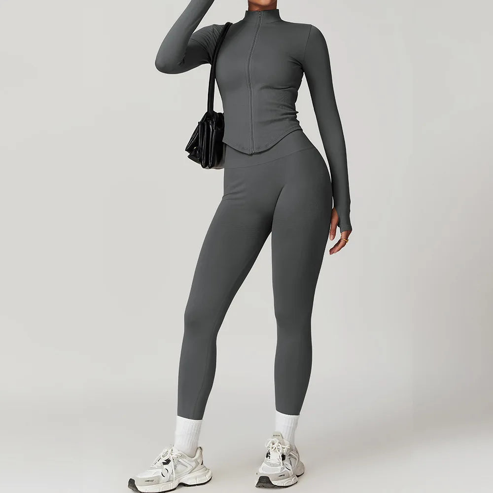 Glow & Go Seamless Women’s 2/3-Piece Gym Set – Long Sleeve Top, Sports Bra & High-Waist Leggings – Different Colors