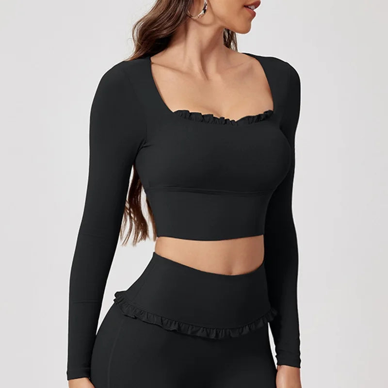 Women’s Long Sleeve Yoga & Pilates Top – Pink Fitness Shirt with Ruffle Detail