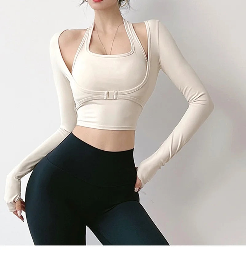 Glow & Go Women’s Long Sleeve Yoga Top with Sports Bra – Stylish, Supportive