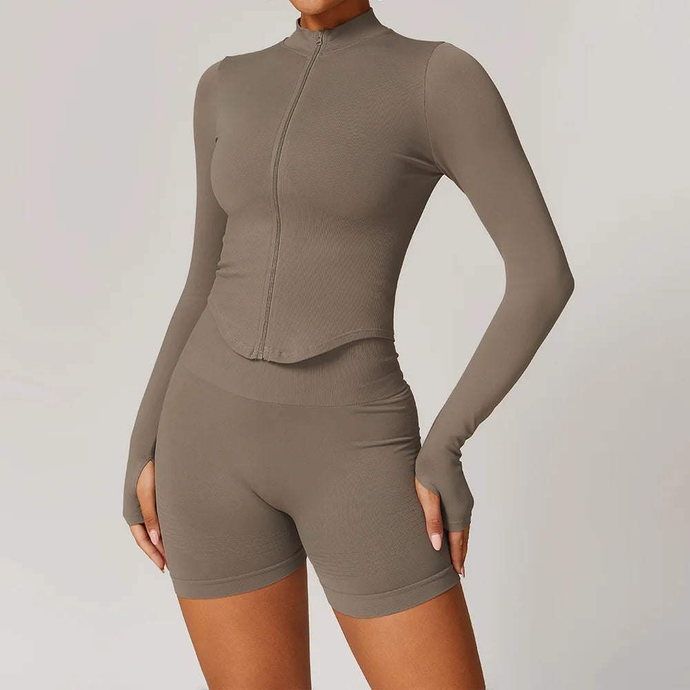 Glow & Go Seamless Women’s 2/3-Piece Gym Set – Long Sleeve Top, Sports Bra & High-Waist Leggings – Different Colors
