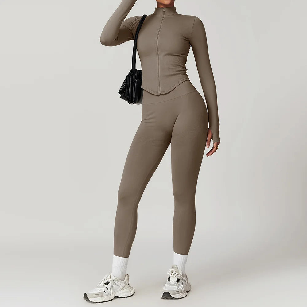 Glow & Go Seamless Women’s 2/3-Piece Gym Set – Long Sleeve Top, Sports Bra & High-Waist Leggings – Different Colors