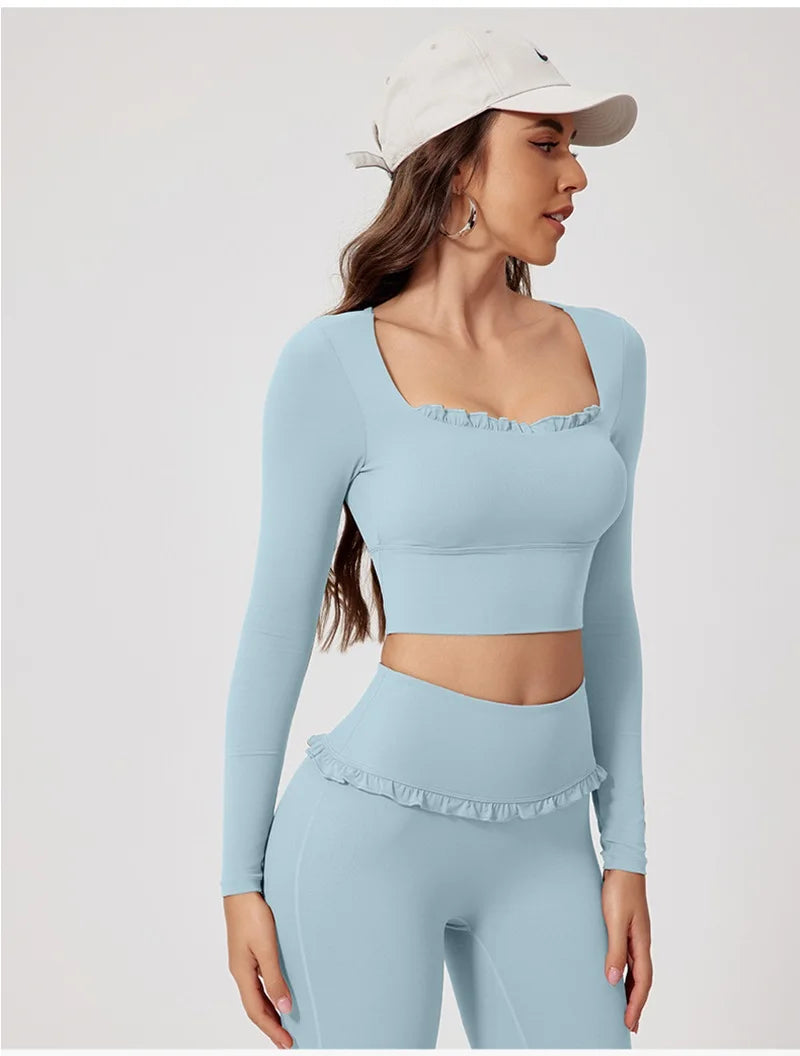 Women’s Long Sleeve Yoga & Pilates Top – Pink Fitness Shirt with Ruffle Detail