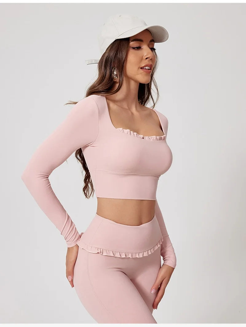 Women’s Long Sleeve Yoga & Pilates Top – Pink Fitness Shirt with Ruffle Detail