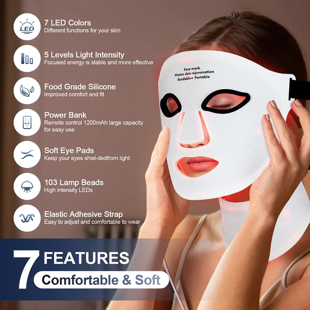 Gracefully Glowing™ 7-Color Silicone LED Therapy Mask – Wireless Red Light Skin Rejuvenation & Repair (Face + Neck)