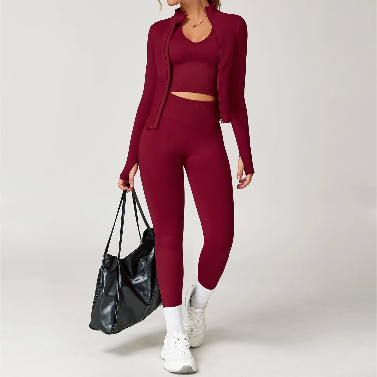 Glow & Go Seamless Women’s 2/3-Piece Gym Set – Long Sleeve Top, Sports Bra & High-Waist Leggings – Different Colors