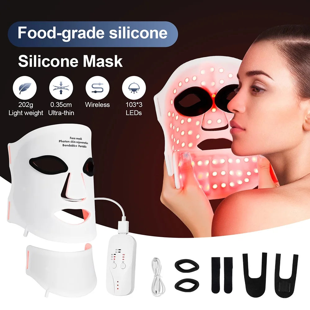 Gracefully Glowing™ 7-Color Silicone LED Therapy Mask – Wireless Red Light Skin Rejuvenation & Repair (Face + Neck)